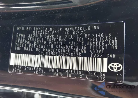 2025 Toyota Corolla Le from USA, damaged, VIN 5YFB4MDE2SP278126